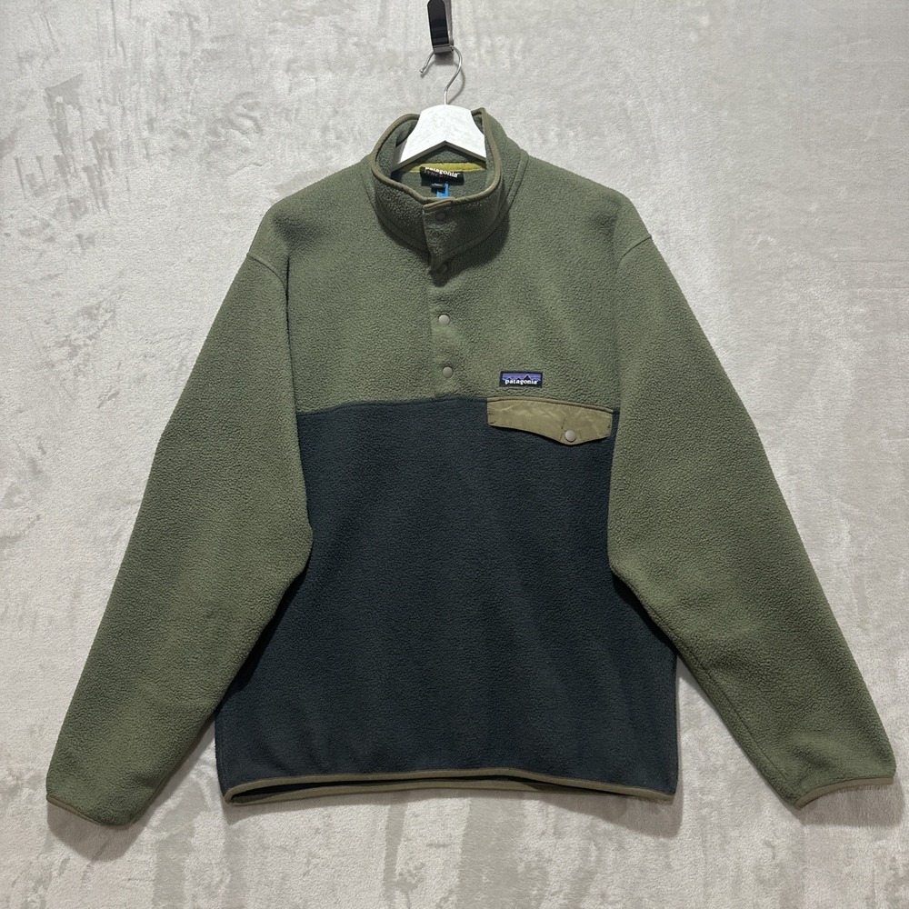 Vintage Y2K PATAGONIA SYNCHILLA Olive 2 Tone Trim Fleece Snap T Size M